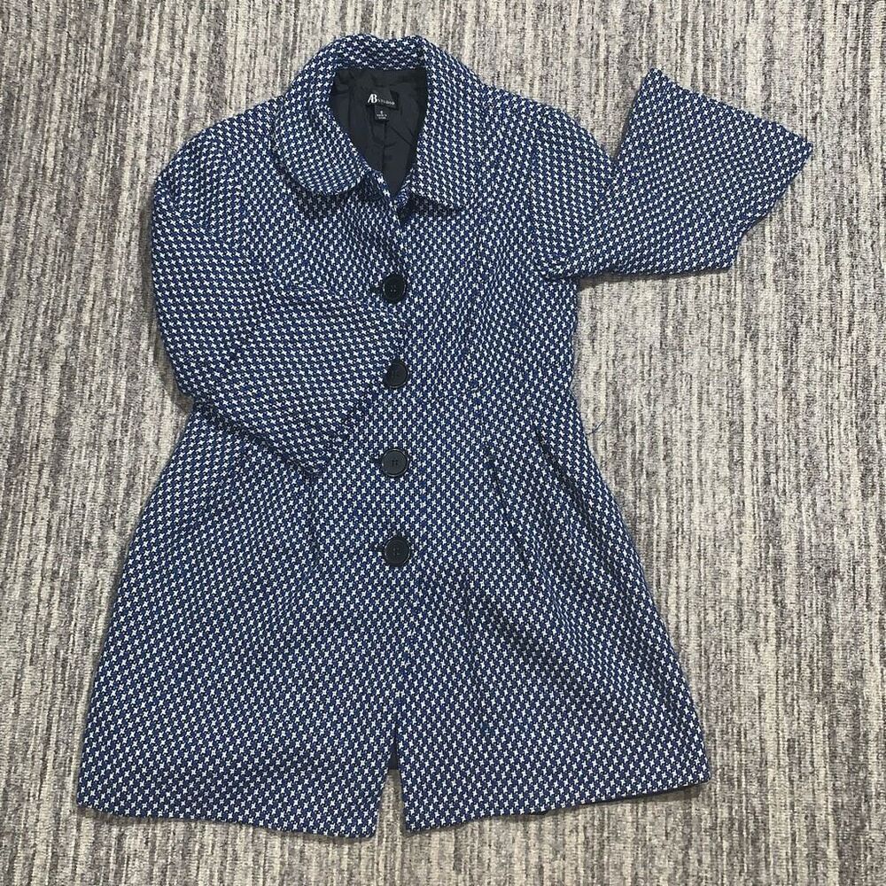 AB Studio Womens Sz 6 Button Front Wool Blend Pea Coat Blue Black White 3/4 Slee